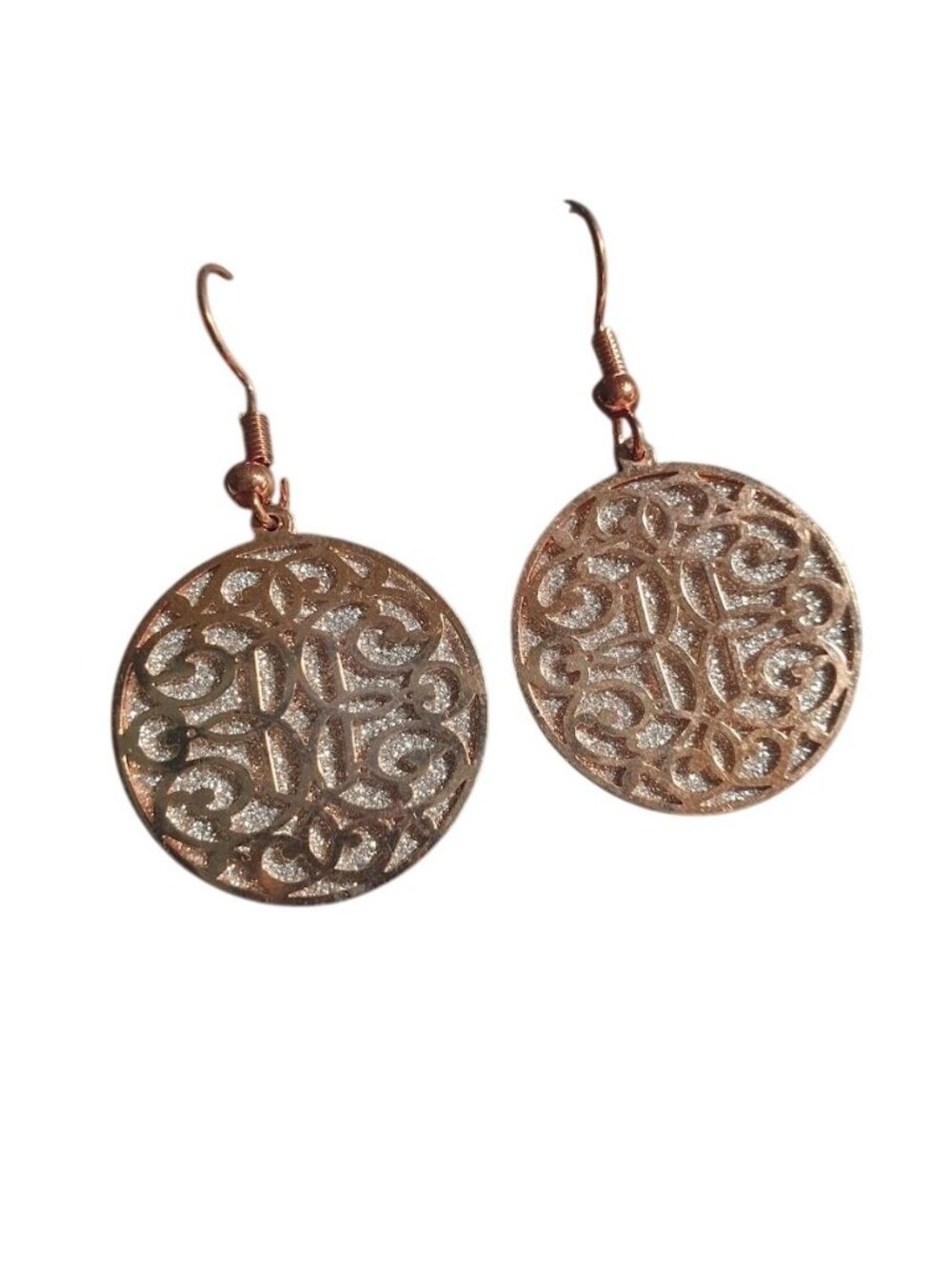 Round Filigree Lightweight Drop Earrings Rose Gold Medallion Silver Tone Glitter